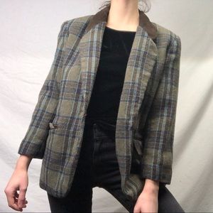 Vintage Green & Brown Plaid Single Breasted Blazer
